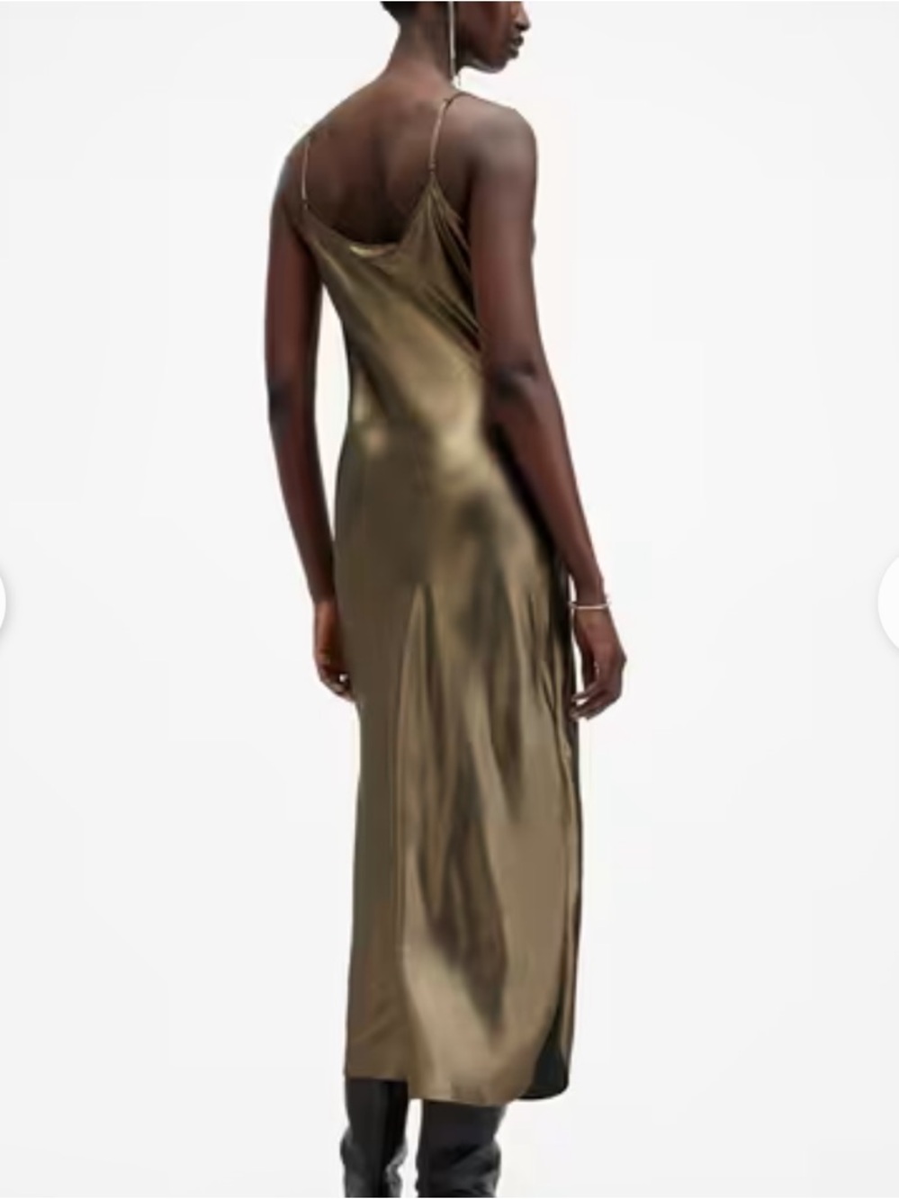 All Saints Hadley Olive Satin Cowl Slip Midi Dress - Picture 3 of 8